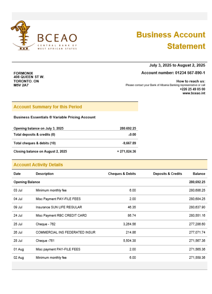 Relevé de compte courant de l'organisation de la Banque Centrale des États de l'Afrique de l'Ouest Format Word et PDF